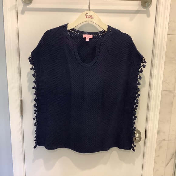 LILLY Pulitzer Keating navy blue pom Pom sweater caftan poncho XS - Picture 1 of 9